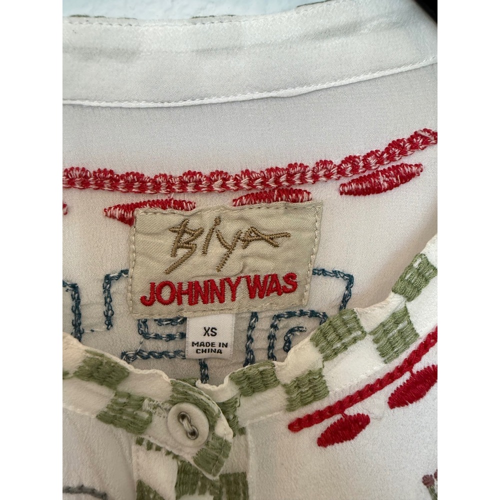 Biya by Johnny Was Cartagena Silk Embroidered Folk Art Blouse White B19222-E XS - Picture 4 of 7